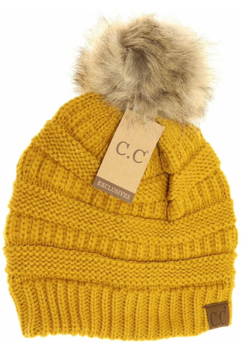 CC Beanie Mustard Faux Fur Pom