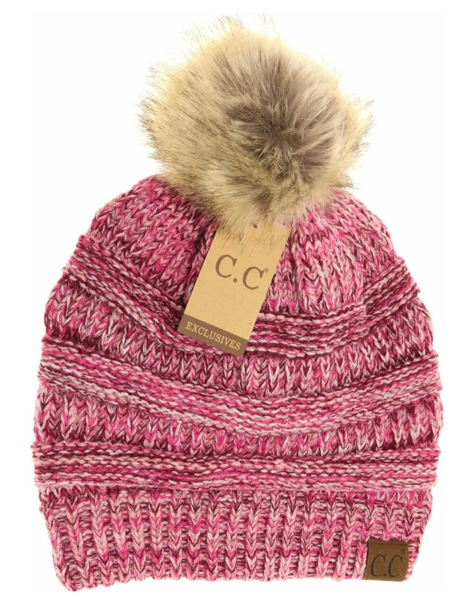 CC Beanie Four Tone Pink Faux Fur Pom