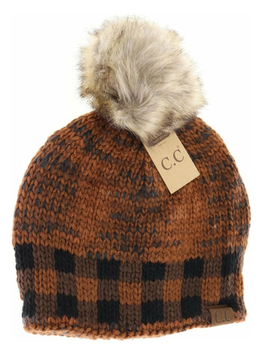 CC Beanie Buffalo Check Faux Fur Pom Cinnamon