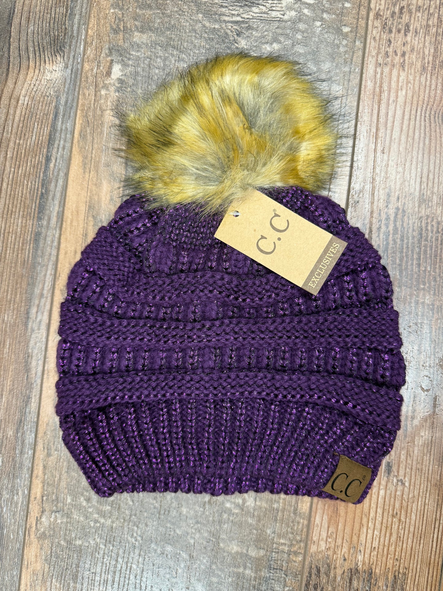 CC Beanie Metallic Purple Faux Fur Pom