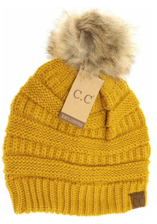 CC Beanie Mustard Faux Fur Pom