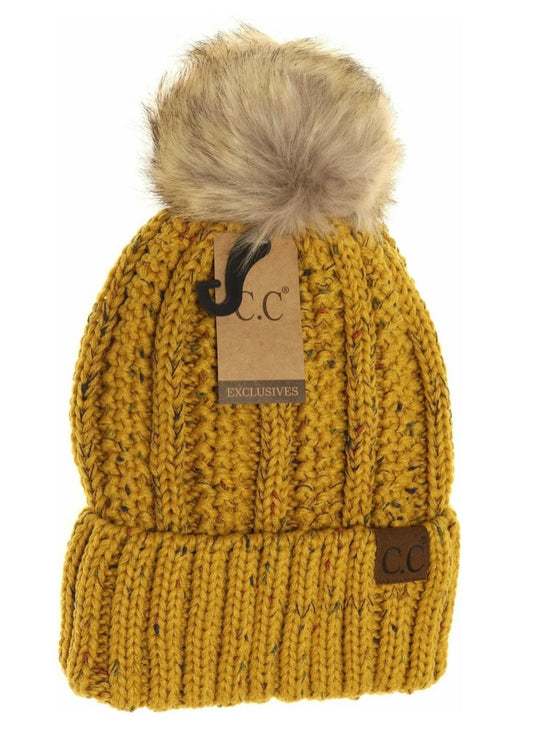 CC Beanie Fuzzy Lined Flecked Mustard Faux Fur Pom