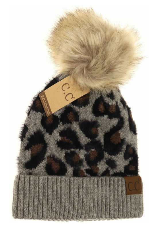 CC Beanie Leopard Print Faux Fur Pom