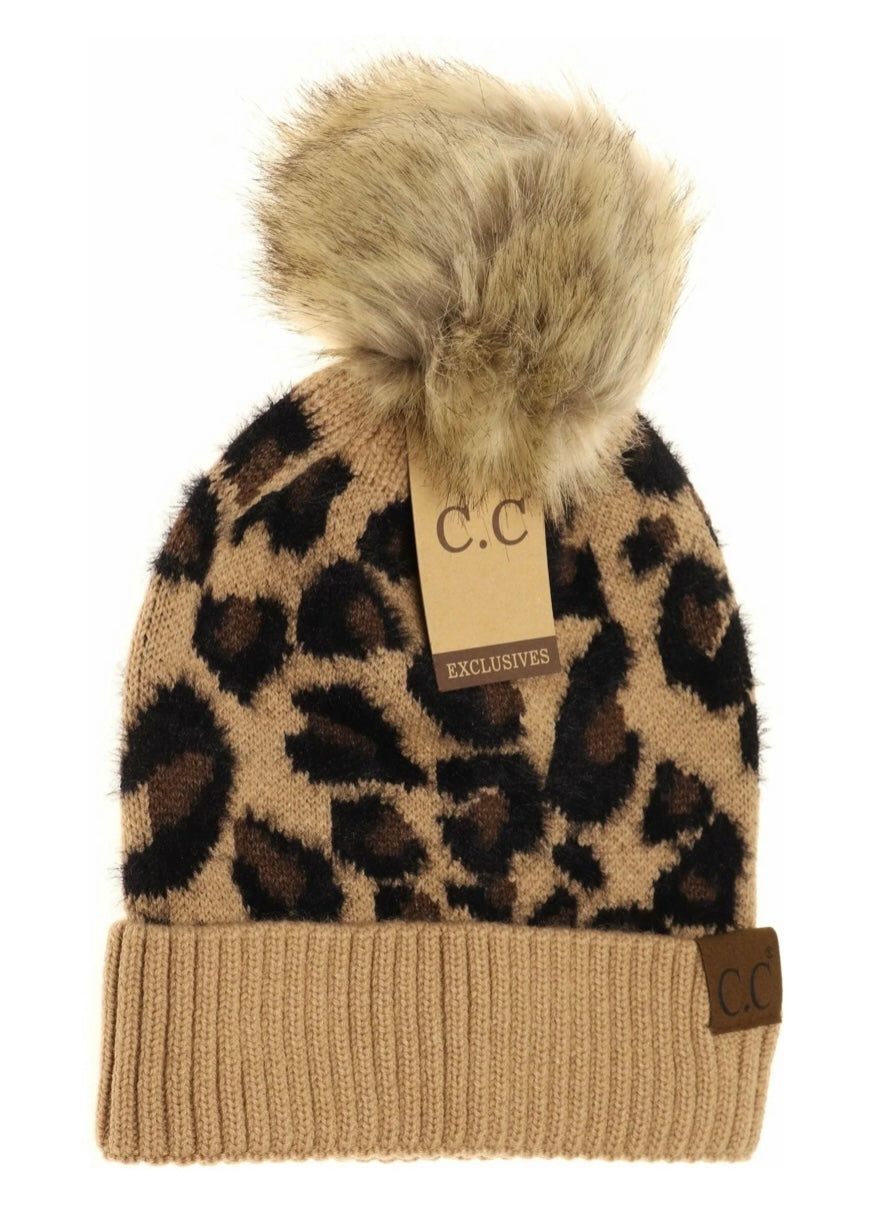 CC Beanie Leopard Print Faux Fur Pom