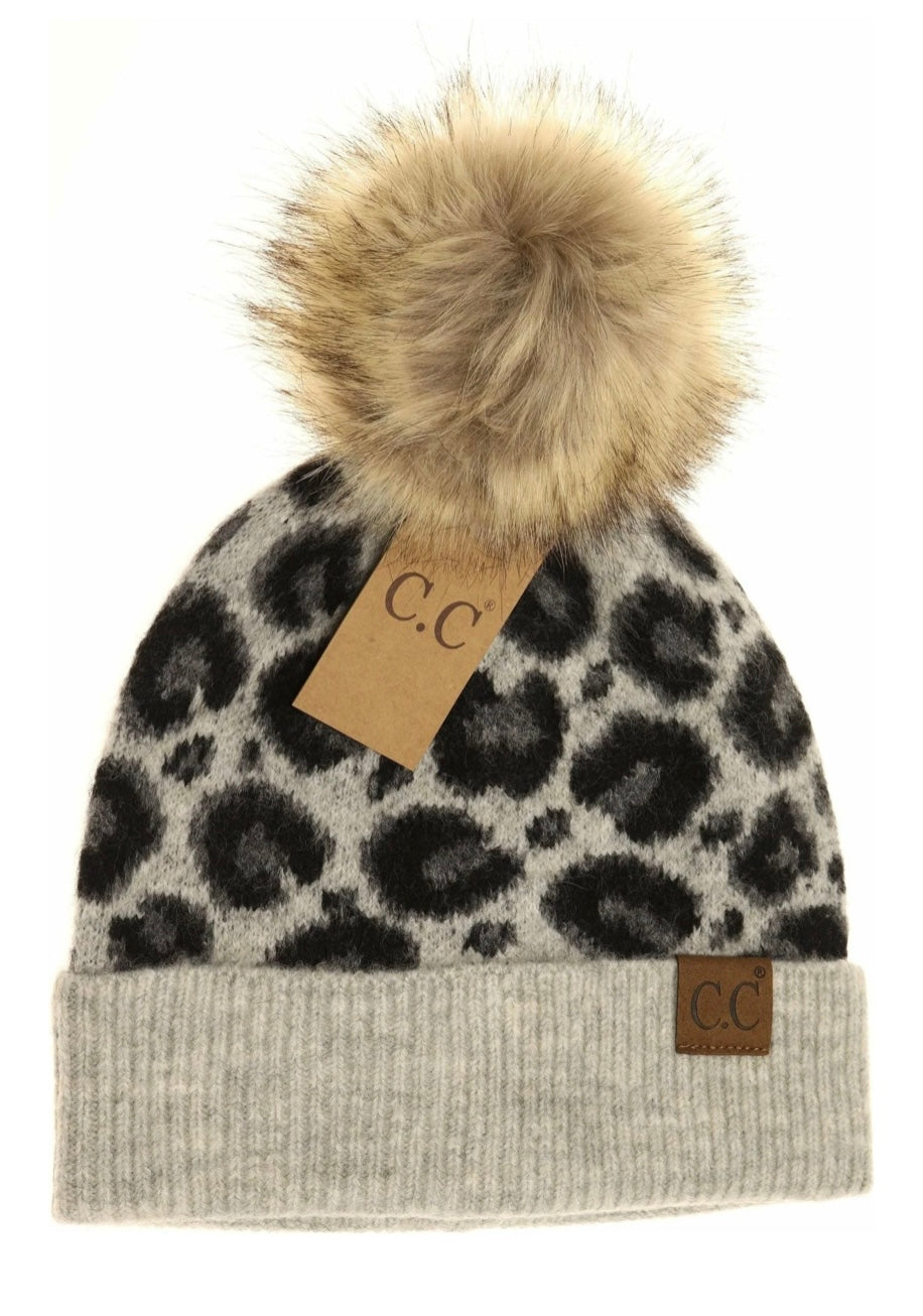 CC Beanie Leopard Print Faux Fur Pom