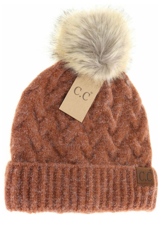 CC Beanie Chunky Braided Cable Knit Faux Fur Pom Ginger
