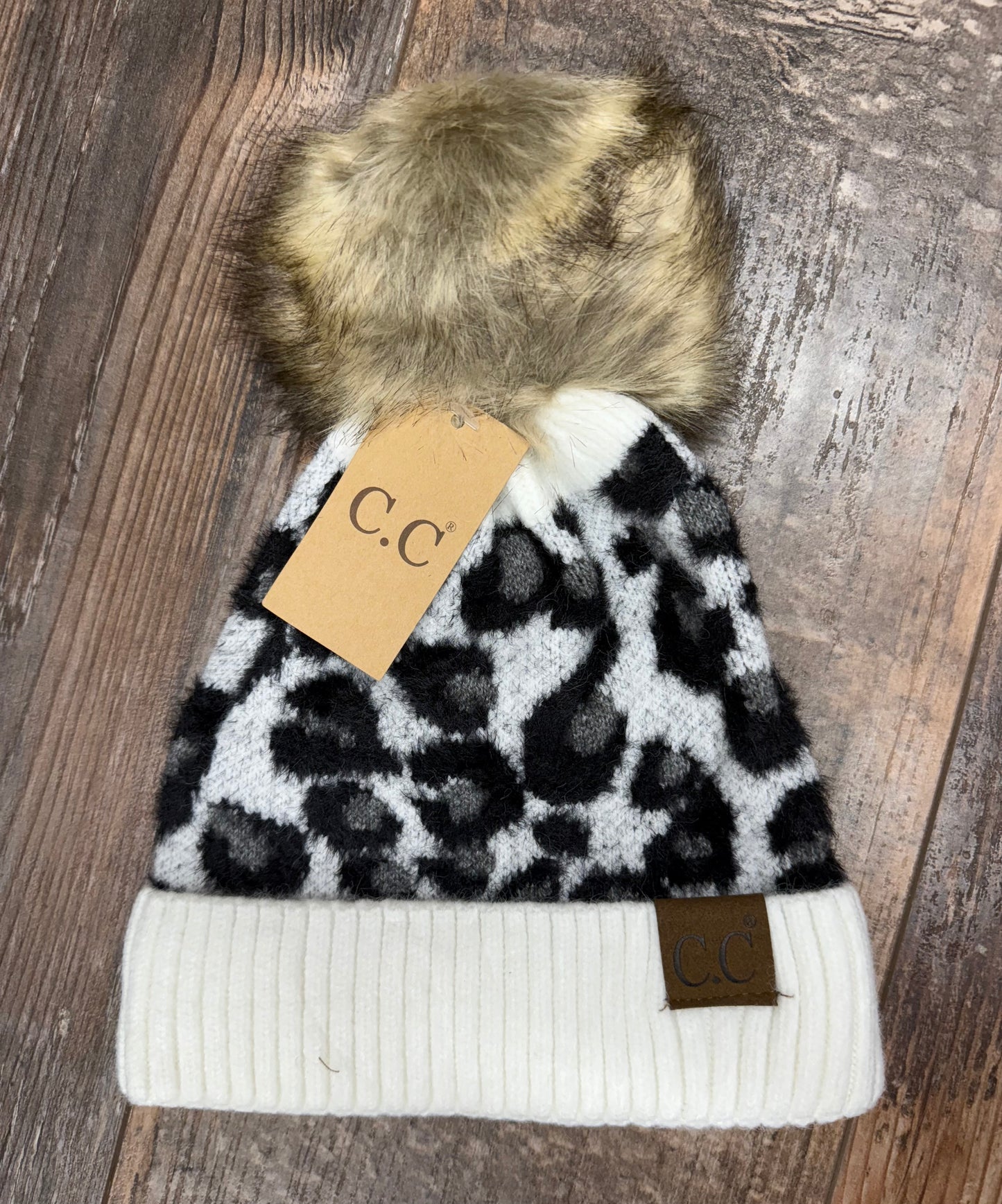 CC Beanie Leopard Print Faux Fur Pom
