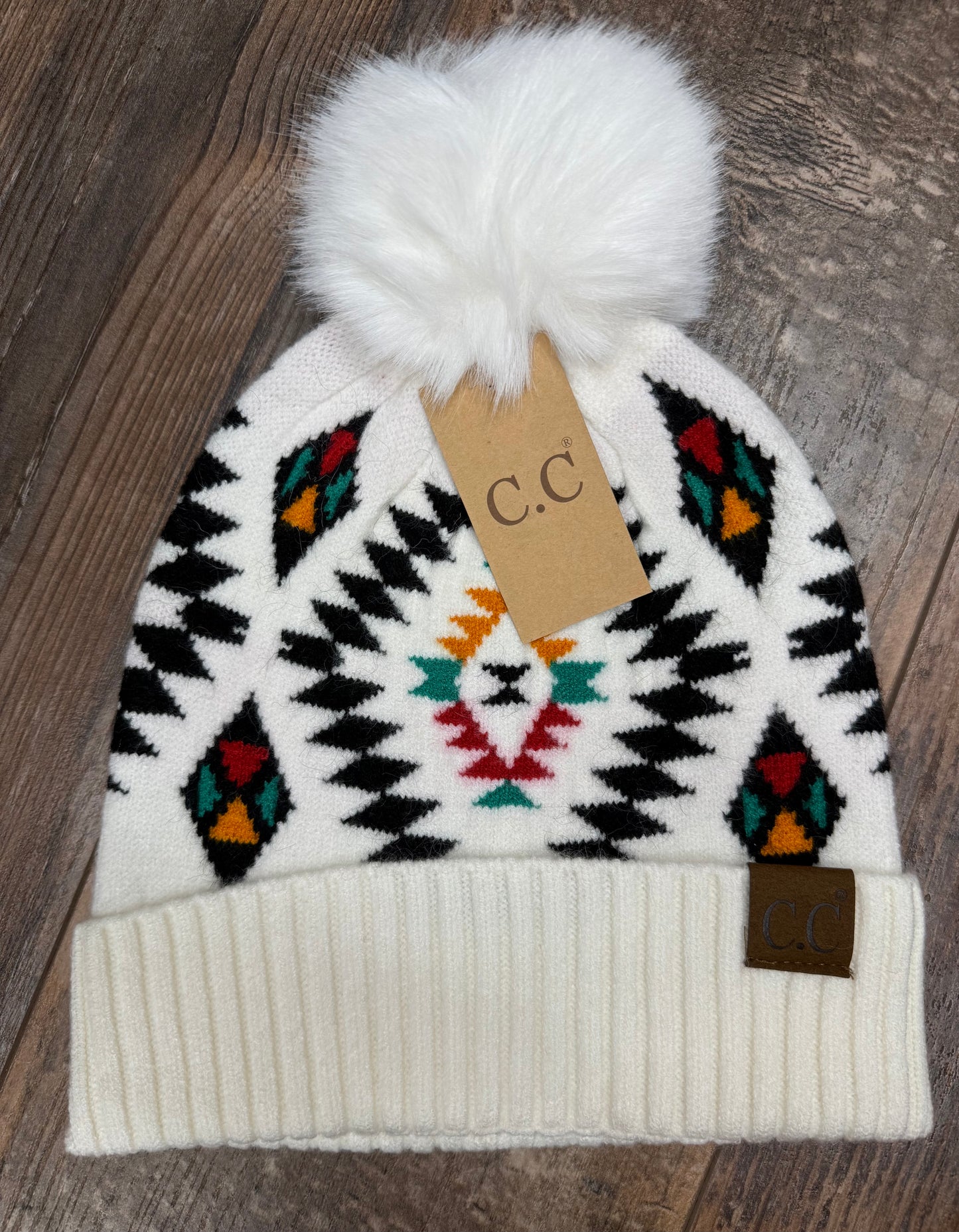 CC Beanie Aztec Print w/Faux Fur Pom