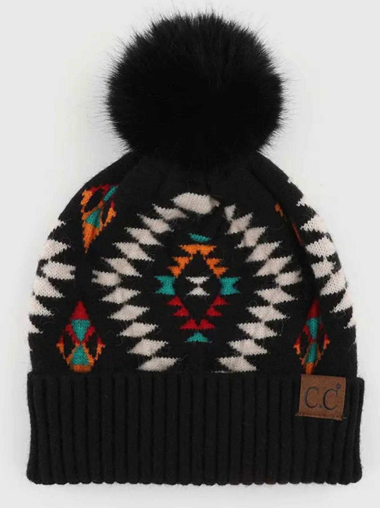 CC Beanie Aztec Print w/Faux Fur Pom