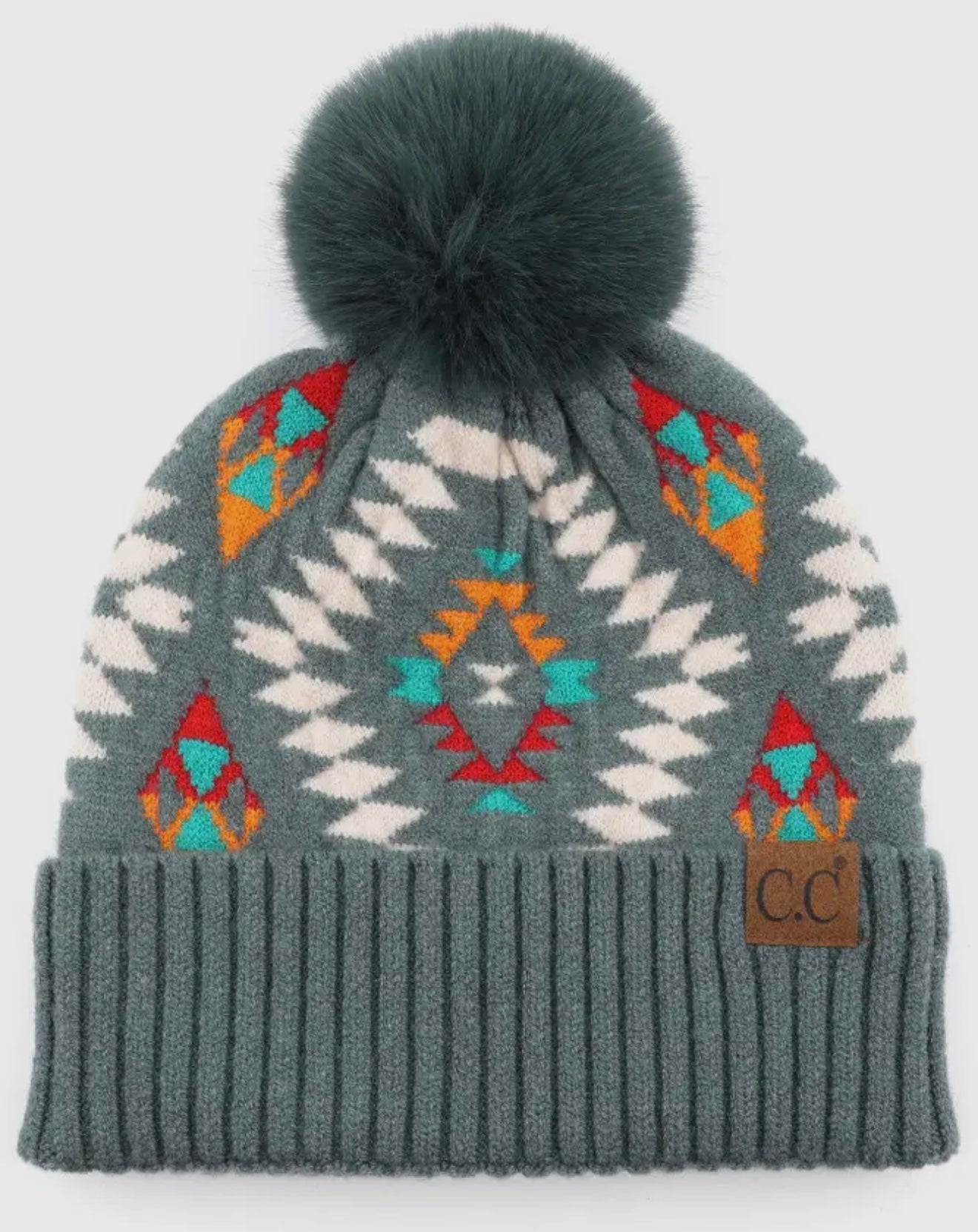 CC Beanie Aztec Print w/Faux Fur Pom
