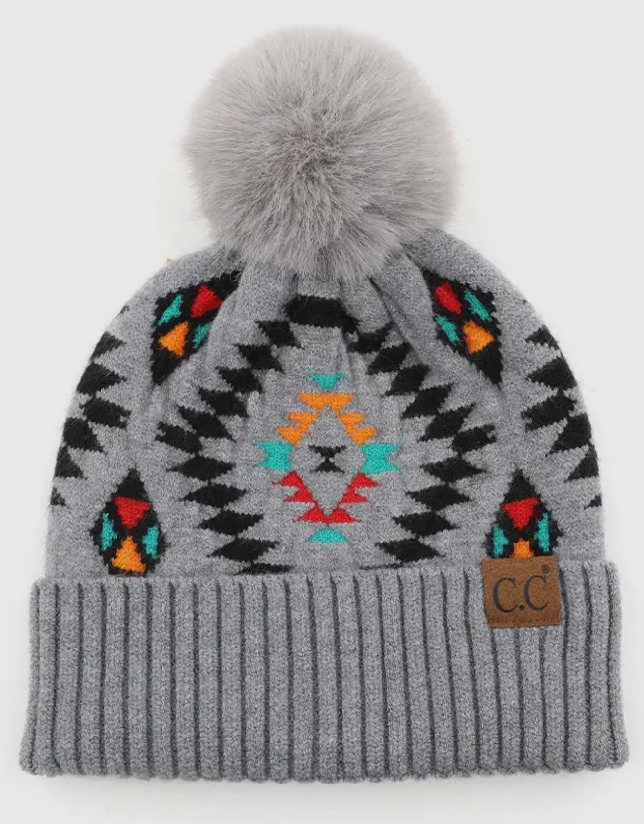 CC Beanie Aztec Print w/Faux Fur Pom