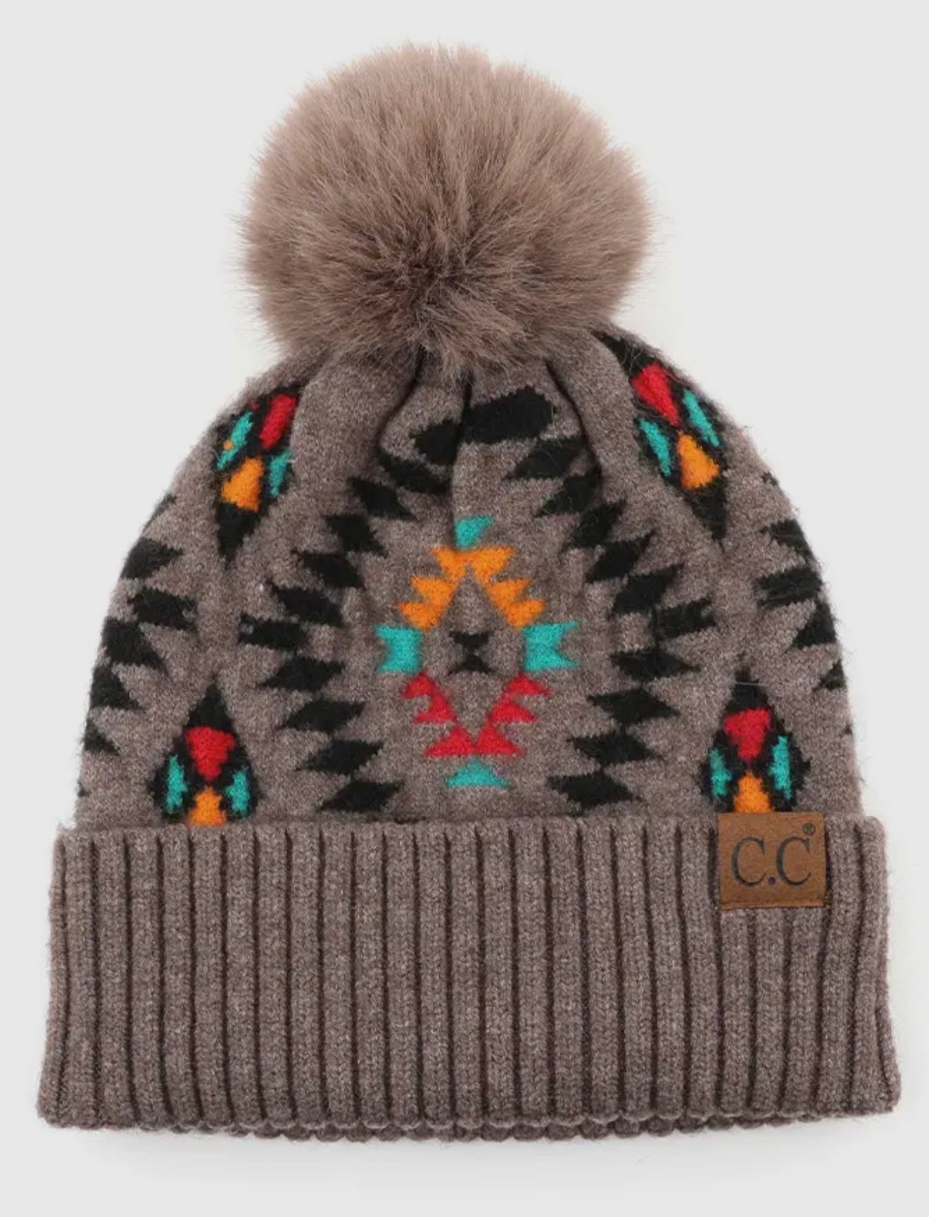 CC Beanie Aztec Print w/Faux Fur Pom